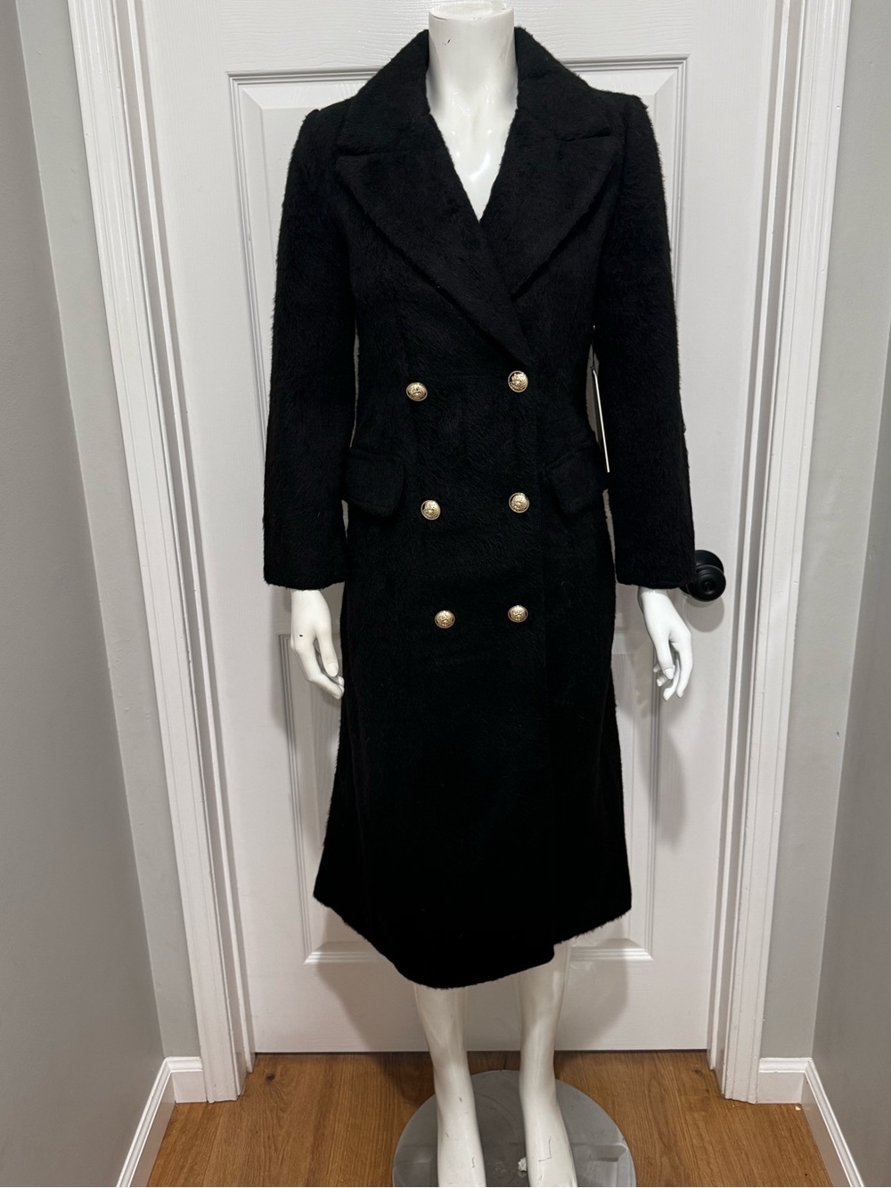 Furry coat long double breasted gold crest buttons winter fuzzy faux fur chic